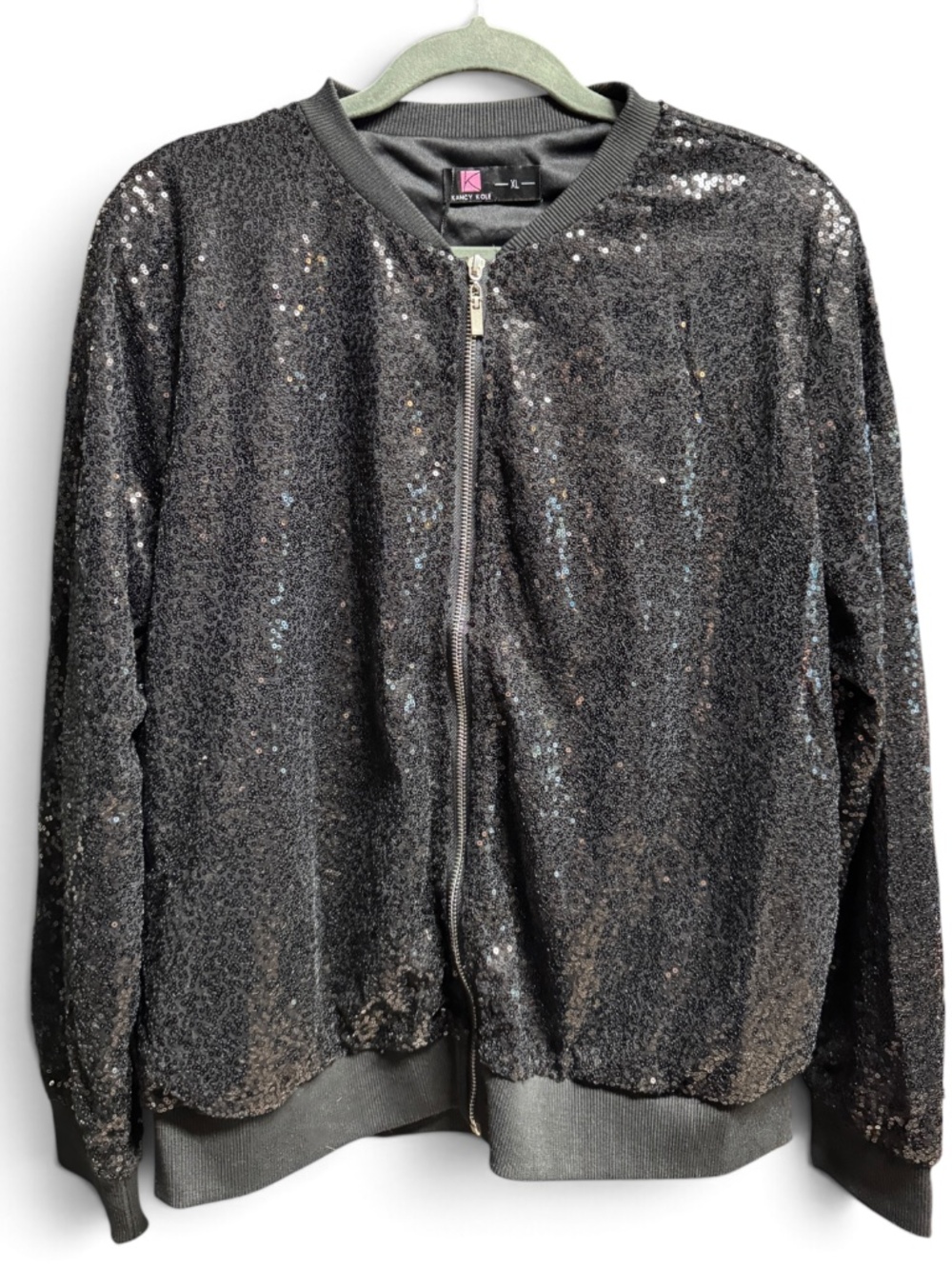 Kancy Kole Black Sequin Bomber Jacket XL 16-18 Sparkly Party Gameday